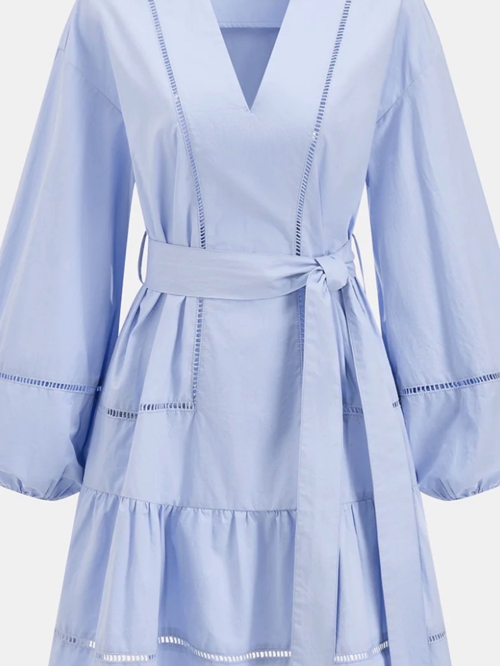 Commense Light Blue V-Neck Tiered Cotton lantern Dress with Waist Tie